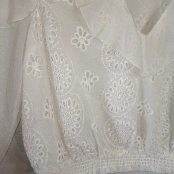 Free People Flowy Crop Semi Sheer Ruffle Eyelet Blouse S White - Picture 6 of 12
